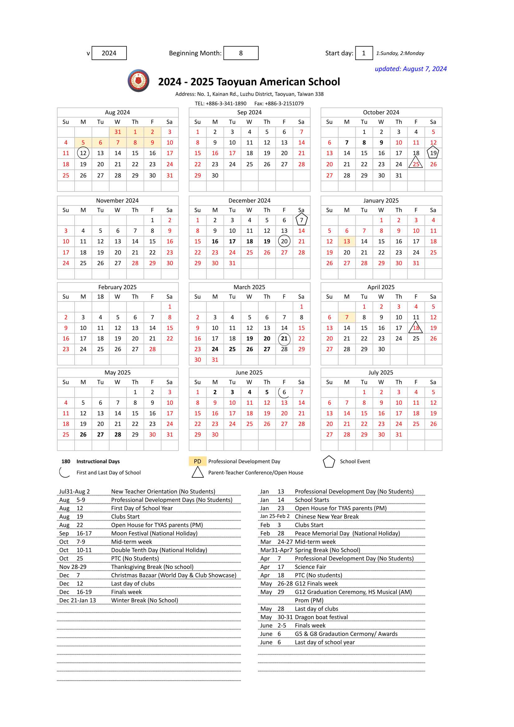 2024-2025 Academic Calendar